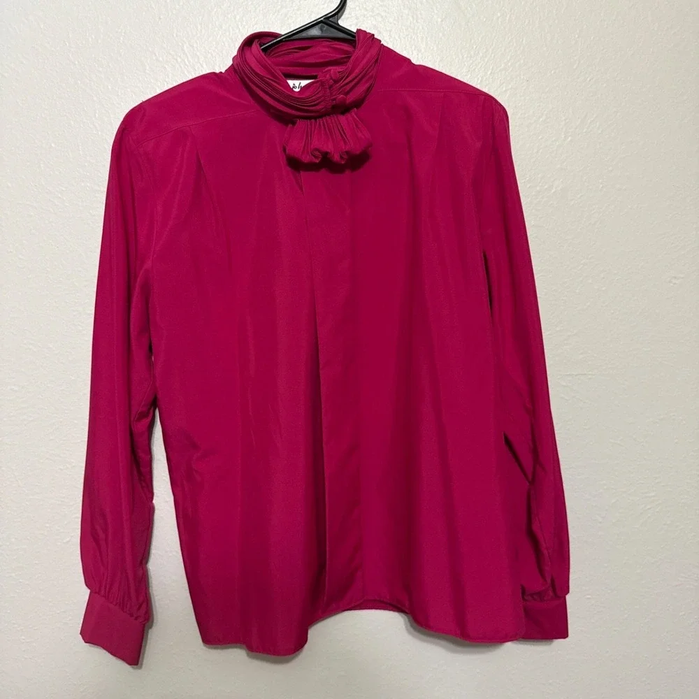 Vintage Fuchsia Secretary‎ Blouse High Neck Ruffle Button Detail Size 6 Romantic